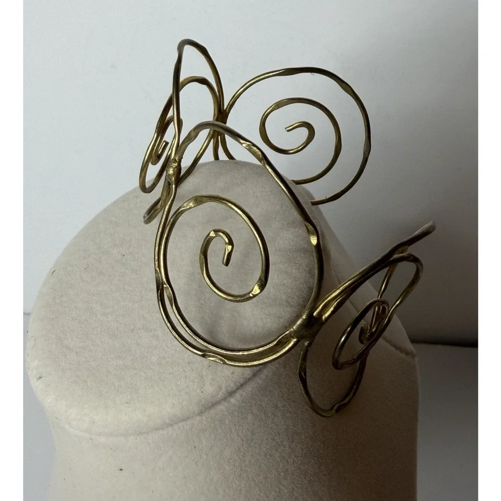 Handcrafted Brass Cuff Bracelet Artisan Abstract Wire Wrapped Scroll Minimalist